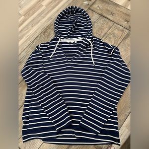 Navy and white striped hoodie.